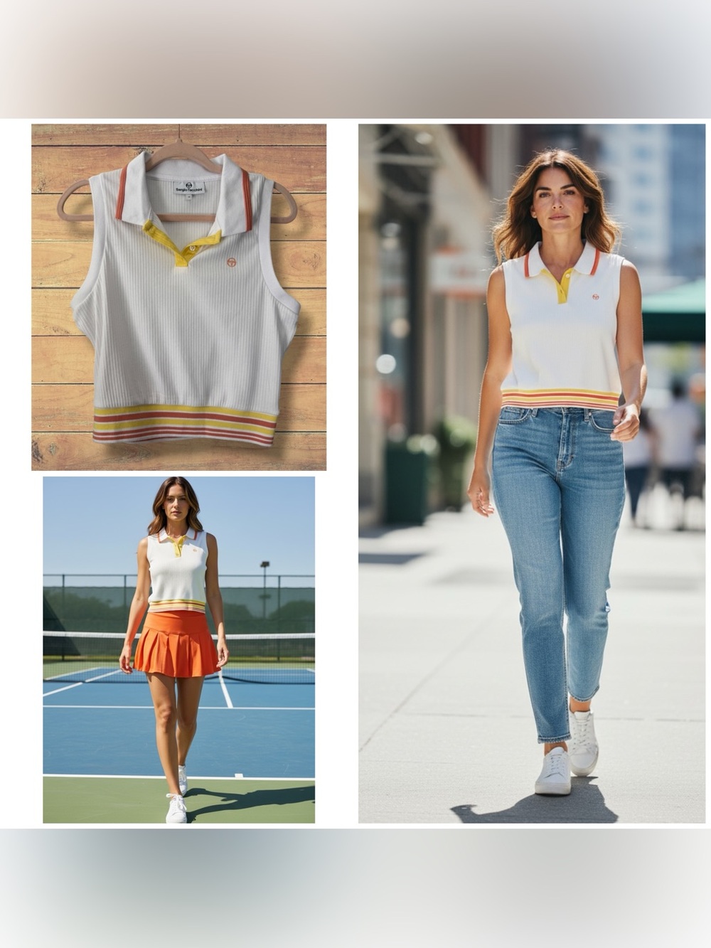 Sergio Tacchini White Ribbed Sleeveless Tennis Polo Tank Yellow & Orange Trim, L